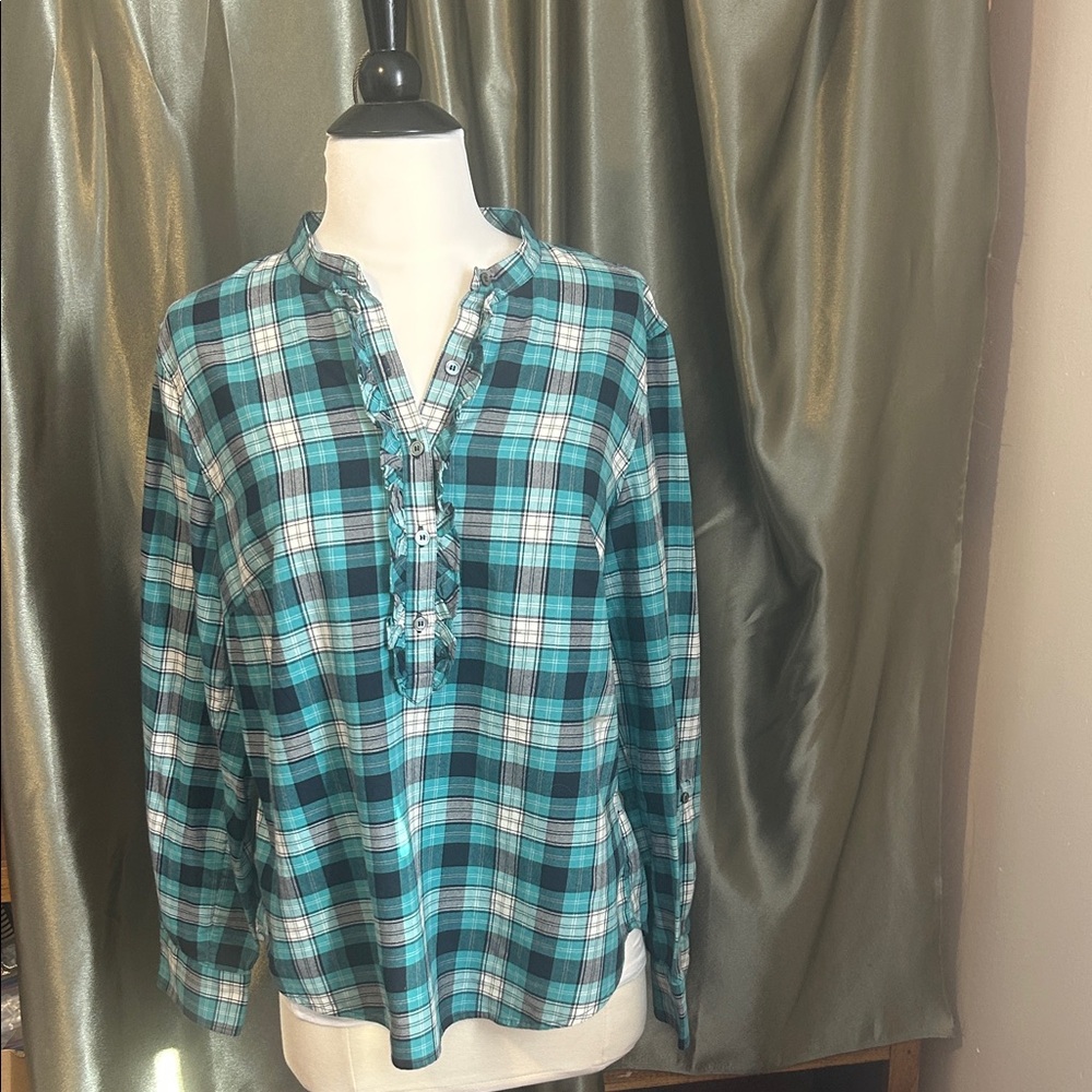 Talbots Teal and Navy Plaid Flannel Shirt